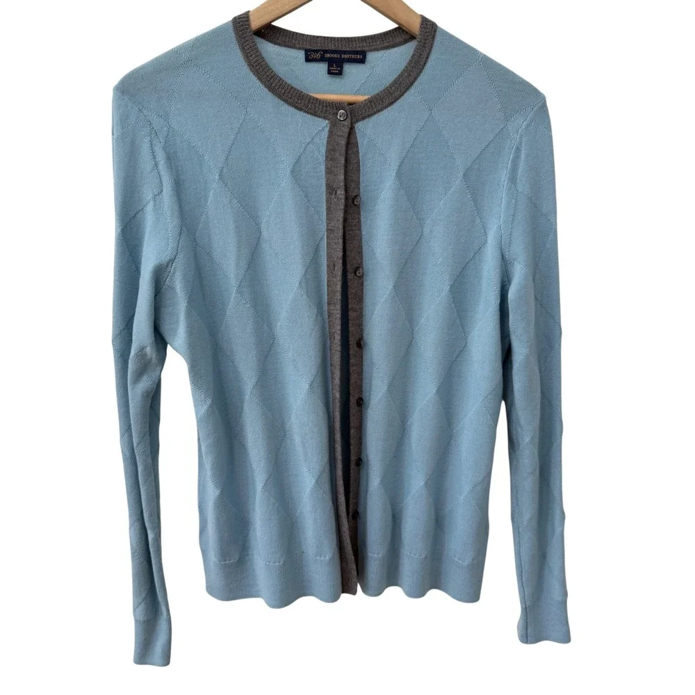 Brooks Brothers Cardigan L Blue Merino Wool‎ Diamond Knit Button Front 346